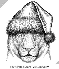 Vintage engraving isolated lion king set dressed christmas illustration ink santa costume sketch. Africa wild cat background animal silhouette new year hat art. Black and white hand drawn vector image