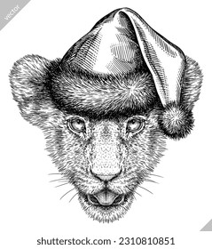 Vintage engraving isolated lion king set dressed christmas illustration ink santa costume sketch. Africa wild cat background animal silhouette new year hat art. Black and white hand drawn vector image