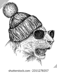 Grabado de vintage aislado de león king set gafas vestidas ilustración de moda boceto de tinta. África fondo de gato salvaje silueta animal gafas de sol sombrero hipster arte de la mano dibujado imagen vectorial