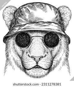 Grabado de vintage aislado de león king set gafas vestidas ilustración de moda boceto de tinta. África fondo de gato salvaje silueta animal gafas de sol sombrero hipster arte de la mano dibujado imagen vectorial