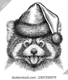 Vintage engraving isolated red panda set dressed christmas illustration ink santa costume sketch  Chinese bear background animal silhouette new year hat art  Black   white hand drawn vector image 