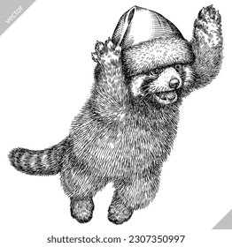 Vintage engraving isolated red panda set dressed christmas illustration ink santa costume sketch  Chinese bear background animal silhouette new year hat art  Black   white hand drawn vector image 