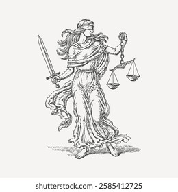 A vintage engraving of Lady Justice in motion, blindfolded, holding scales and a sword. The dynamic pose represents fairness, swift judgment, and legal authority with an artistic touch.