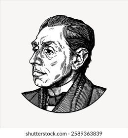 Vintage engraving of a man's profile, detailed lines, monochrome. The man's face is expressive, showcasing classic engraving techniques, vintage style. Vintage illustration isolated on white, vector.