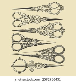 Vintage engraving of ornate antique scissors. Highly detailed decorative elements, perfect for historical and artistic designs.