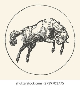 Vintage engraving of a ram inside a circle, symbolizing the astrological sign Aries and the zodiac.