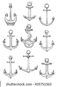 Vintage engraving sketches of nautical ships anchors with twisted rope. Use as navy heraldry, marine themed tattoo and yacht club design
