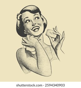 Vintage engraving of a smiling woman holding a soap bar and towel, promoting cleanliness and beauty. Retro advertising style illustration.