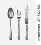 Vintage engraving of spoon, fork, and knife with grunge textured detail, isolated on white background in classic style.