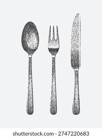 Vintage engraving of spoon, fork, and knife with grunge textured detail, isolated on white background in classic style.