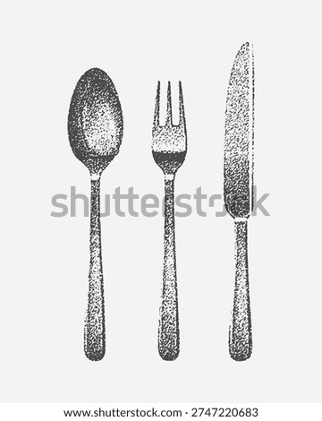Vintage engraving of spoon, fork, and knife with grunge textured detail, isolated on white background in classic style.