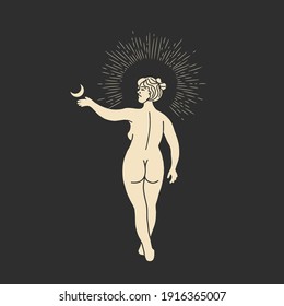 Vintage vintage engraving style. Abstract woman silhouette. Spiritual origin of the universe of magic and space, phases of the moon