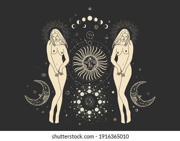 Vintage vintage engraving style. Abstract woman silhouette. Spiritual origin of the universe of magic and space, phases of the moon