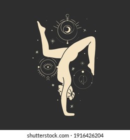 Vintage vintage engraving style. Abstract woman silhouette. Spiritual origin of the universe of magic and space, phases of the moon