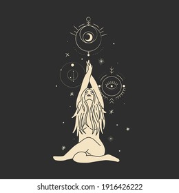 Vintage vintage engraving style. Abstract woman silhouette. Spiritual origin of the universe of magic and space, phases of the moon