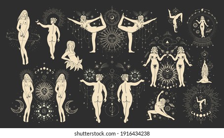 Vintage vintage engraving style. Abstract woman silhouette. Spiritual origin of the universe of magic and space, phases of the moon
