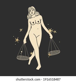 Vintage vintage engraving style. Abstract woman silhouette. Spiritual origin of the universe of magic and space, phases of the moon