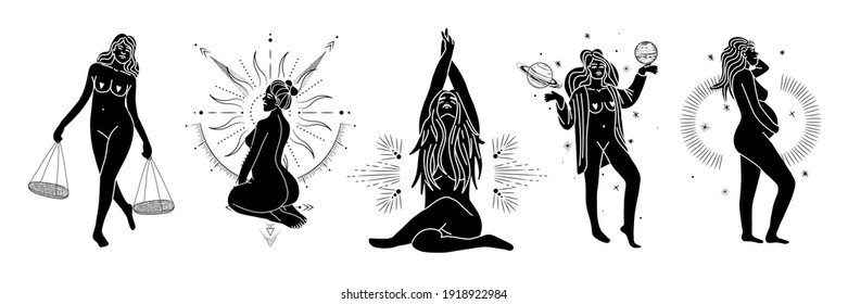 Vintage vintage engraving style. Abstract woman silhouette. Spiritual origin of the universe of magic and space, phases of the moon