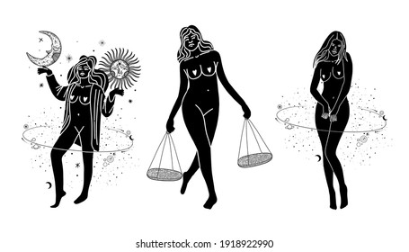 Vintage vintage engraving style. Abstract woman silhouette. Spiritual origin of the universe of magic and space, phases of the moon