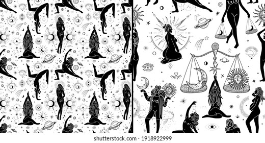 Vintage vintage engraving style. Abstract woman silhouette. Spiritual origin of the universe of magic and space, phases of the moon