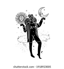 Vintage vintage engraving style. Abstract woman silhouette. Spiritual origin of the universe of magic and space, phases of the moon