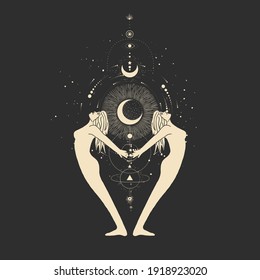 Vintage vintage engraving style. Abstract woman silhouette. Spiritual origin of the universe of magic and space, phases of the moon