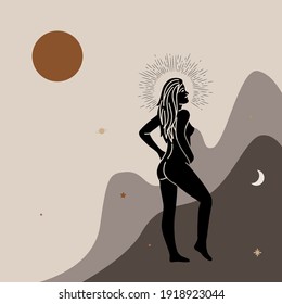 Vintage vintage engraving style. Abstract woman silhouette. Spiritual origin of the universe of magic and space, phases of the moon