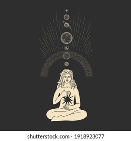 Vintage vintage engraving style. Abstract woman silhouette. Spiritual origin of the universe of magic and space, phases of the moon