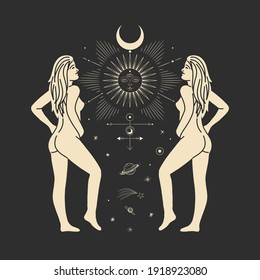 Vintage vintage engraving style. Abstract woman silhouette. Spiritual origin of the universe of magic and space, phases of the moon