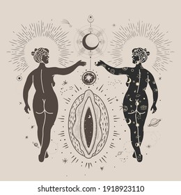 Vintage vintage engraving style. Abstract woman silhouette. Spiritual origin of the universe of magic and space, phases of the moon