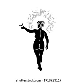 Vintage vintage engraving style. Abstract woman silhouette. Spiritual origin of the universe of magic and space, phases of the moon