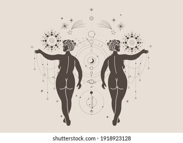 Vintage vintage engraving style. Abstract woman silhouette. Spiritual origin of the universe of magic and space, phases of the moon