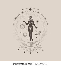 Vintage vintage engraving style. Abstract woman silhouette. Spiritual origin of the universe of magic and space, phases of the moon