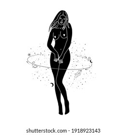 Vintage vintage engraving style. Abstract woman silhouette. Spiritual origin of the universe of magic and space, phases of the moon