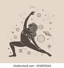 Vintage vintage engraving style. Abstract woman silhouette. Spiritual origin of the universe of magic and space, phases of the moon