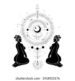 Vintage vintage engraving style. Abstract woman silhouette. Spiritual origin of the universe of magic and space, phases of the moon
