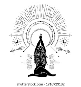Vintage vintage engraving style. Abstract woman silhouette. Spiritual origin of the universe of magic and space, phases of the moon