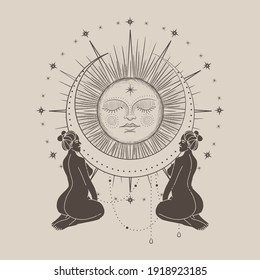 Vintage vintage engraving style. Abstract woman silhouette. Spiritual origin of the universe of magic and space, phases of the moon