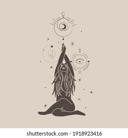 Vintage vintage engraving style. Abstract woman silhouette. Spiritual origin of the universe of magic and space, phases of the moon