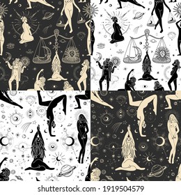 Vintage vintage engraving style. Abstract woman silhouette. Spiritual origin of the universe of magic and space, phases of the moon