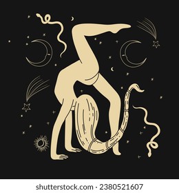 Vintage vintage engraving style. Abstract woman silhouette. Spiritual origin of the universe of magic and space, phases of the moon