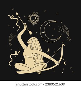 Vintage vintage engraving style. Abstract woman silhouette. Spiritual origin of the universe of magic and space, phases of the moon