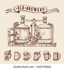 Vintage engraving style beer set. Retro brewery engraving. Copper tanks and barrels, beer mugs and ribbon. Craft beer Local brewery. Beer pint hand drawn ink sketch. Vector illustration.