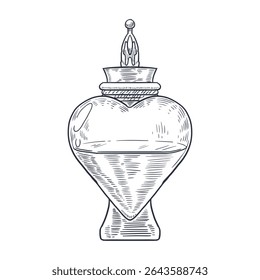 Vintage engraving style heart shaped love potion bottle with liquid and ornate cap. Ideal for magical designs, perfume labels, fantasy books, tarot art, witchcraft themes, or Halloween projects.