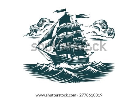 Vintage engraving style of a sailing ship navigating through rough ocean waves under cloudy skies