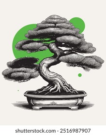 Ilustración vectorial de estilo de grabado de Antiguas del bonsái del arte del árbol japonés en una olla de cerámica del bonsái