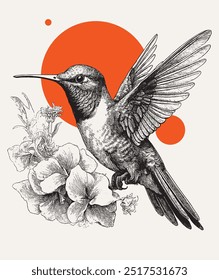 Vintage engraving style vector illustration of a flying hummingbird