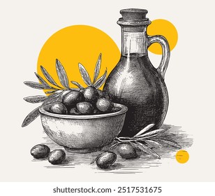 Aceitunas de Ilustración vectorial estilo grabado Antiguas en marrón y una botella de aceite de oliva