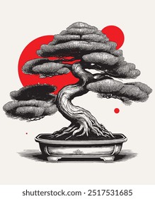 Vintage gravura estilo vetor ilustração de bonsai árvore arte japonesa em um pote de bonsai cerâmica