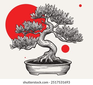 Vintage engraving style vector illustration of Japanese tree art bonsai in a ceramic bonsai pot